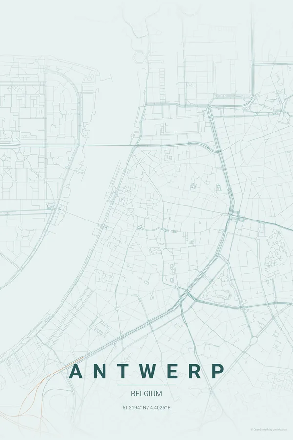 Antwerp map poster in the Copper Patina palette