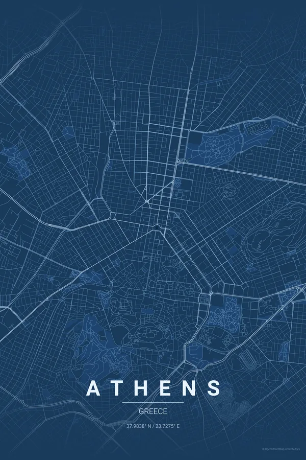 Athens map poster in the Blueprint theme