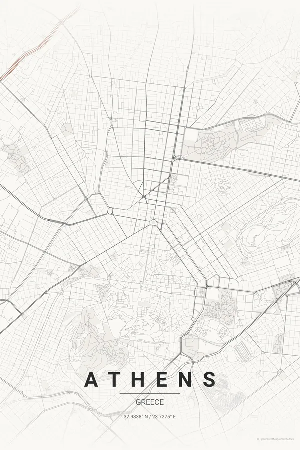 Athens map poster in the Japanese Ink theme