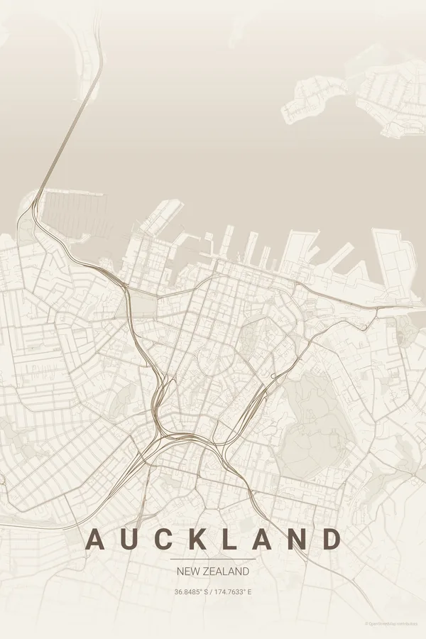 Auckland map poster in the Warm Beige theme