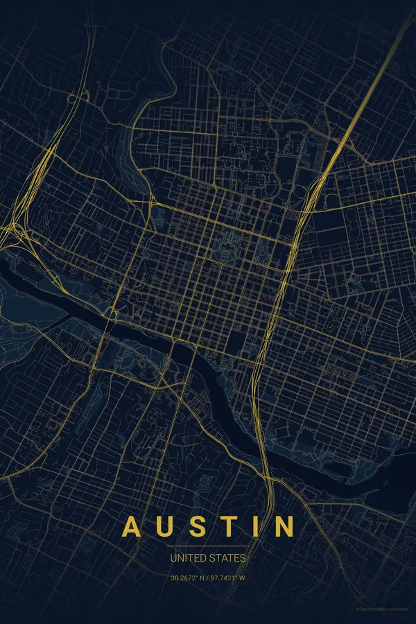 Austin map poster in the Midnight Blue theme