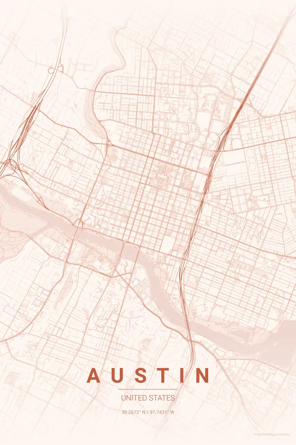 Austin map poster in the Sunset palette