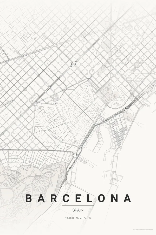Barcelona map poster in the Japanese Ink theme