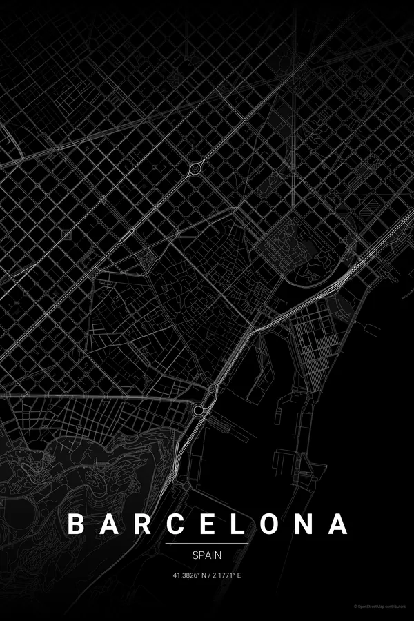 Barcelona map poster in the Noir theme