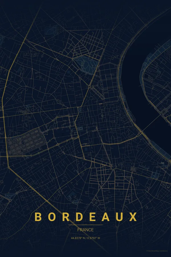 Bordeaux map poster in the Midnight Blue theme