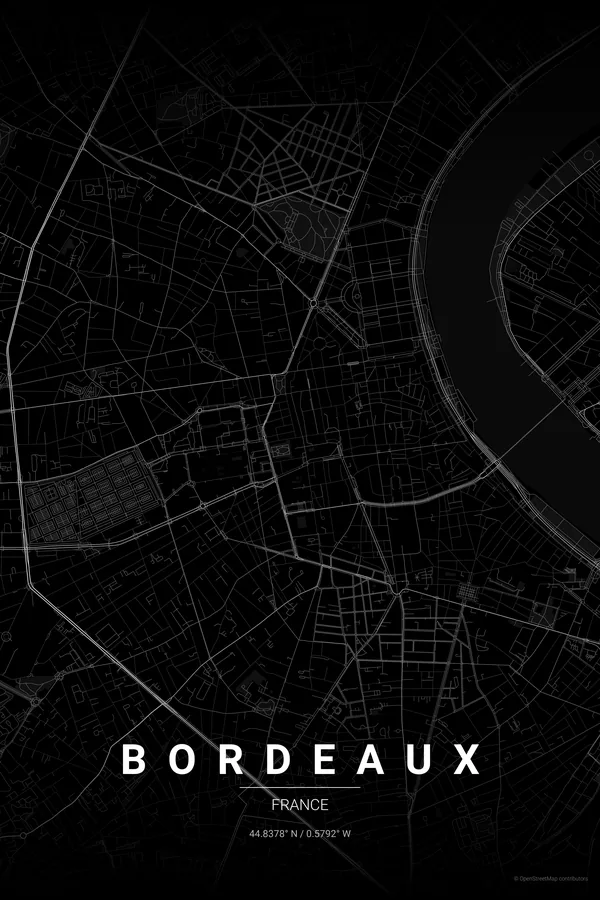 Bordeaux map poster in the Noir theme