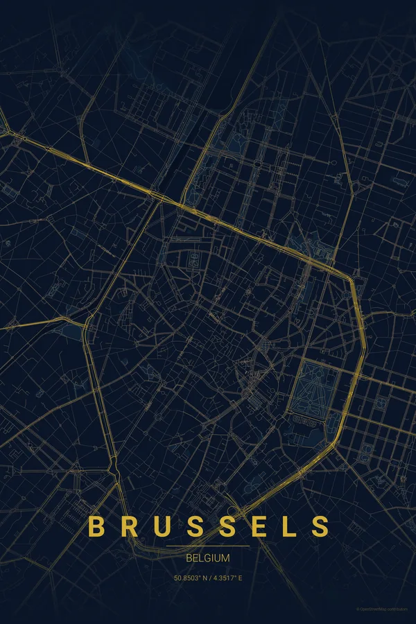 Brussels map poster in the Midnight Blue theme