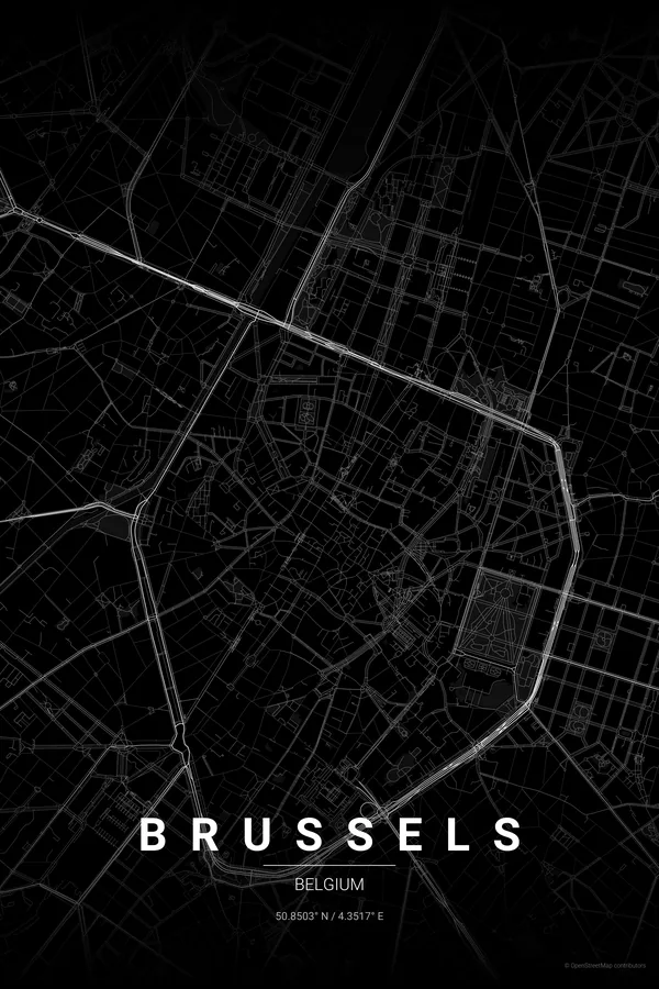 Brussels map poster in the Noir theme