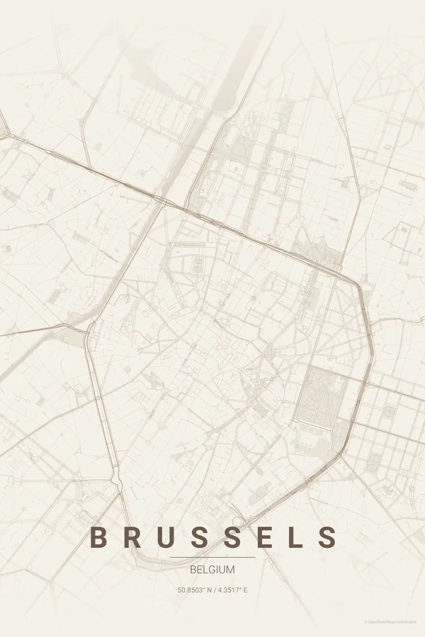 Brussels map poster in the Warm Beige theme