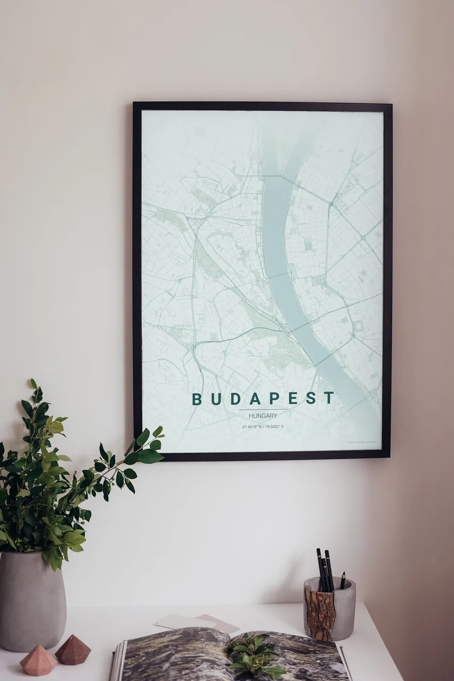Budapest map poster framed on a living-room wall