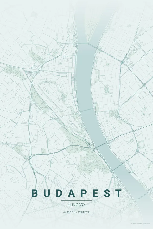 Budapest map poster in the Copper Patina palette