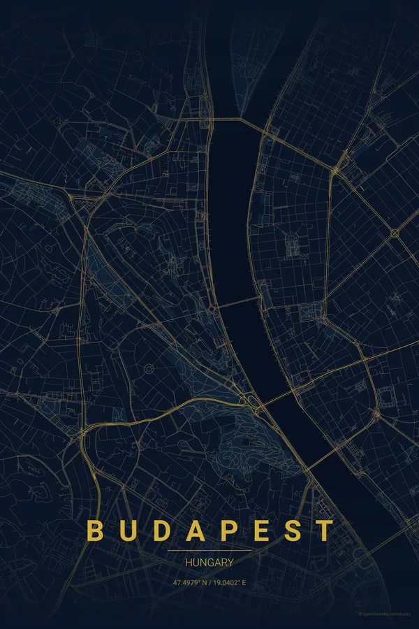 Budapest map poster in the Midnight Blue theme