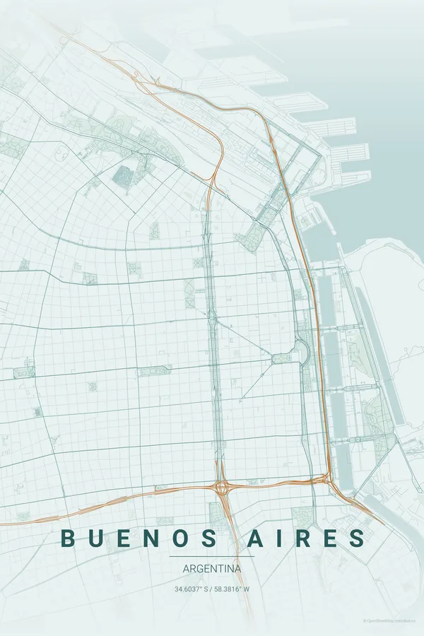 Buenos Aires map poster in the Copper Patina palette