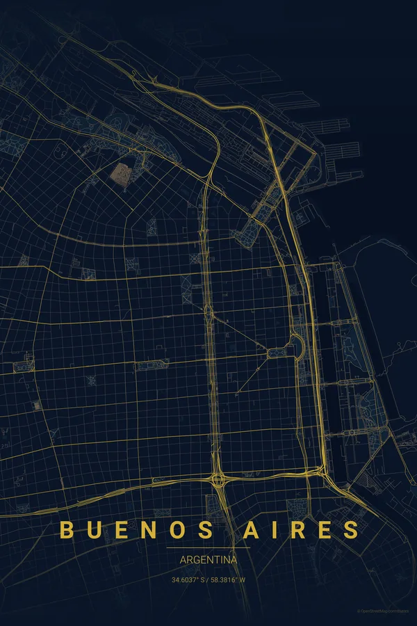Buenos Aires map poster in the Midnight Blue theme
