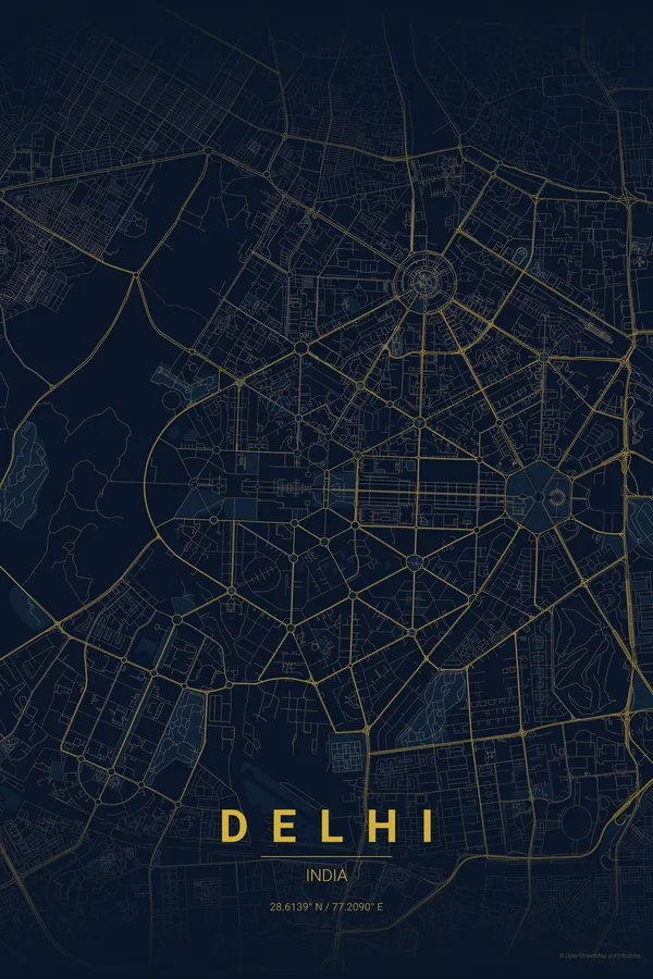 Delhi map poster in the Midnight Blue theme