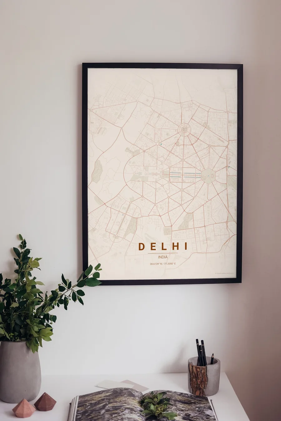 Delhi map poster framed on a living-room wall