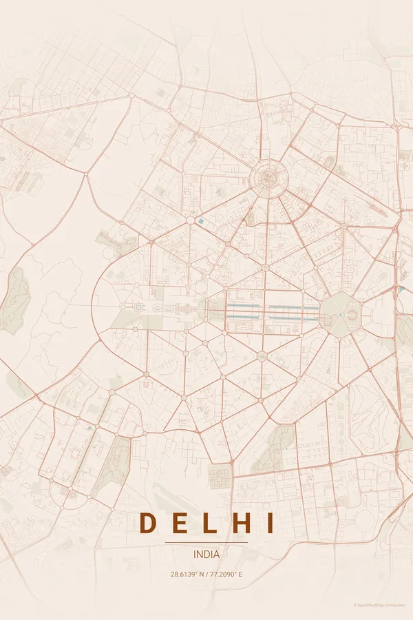 Delhi map poster in the Terracotta palette