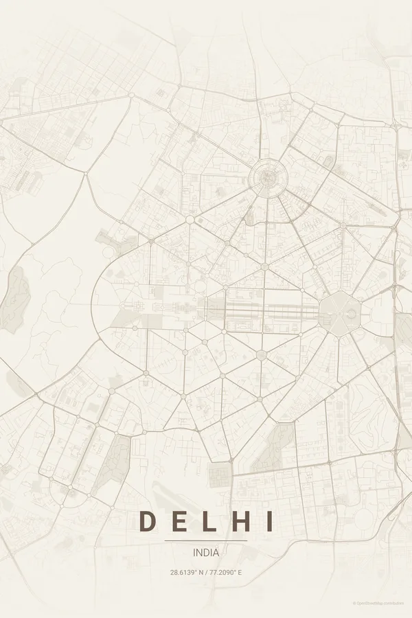 Delhi map poster in the Warm Beige theme