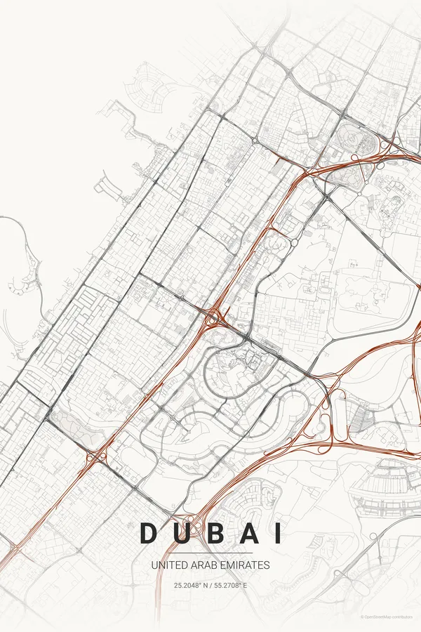 Dubai map poster in the Japanese Ink theme