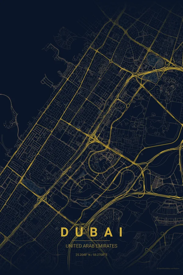 Dubai map poster in the Midnight Blue palette