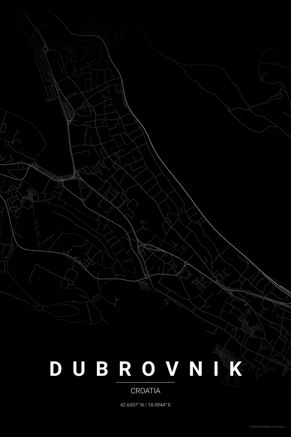 Dubrovnik map poster in the Noir theme