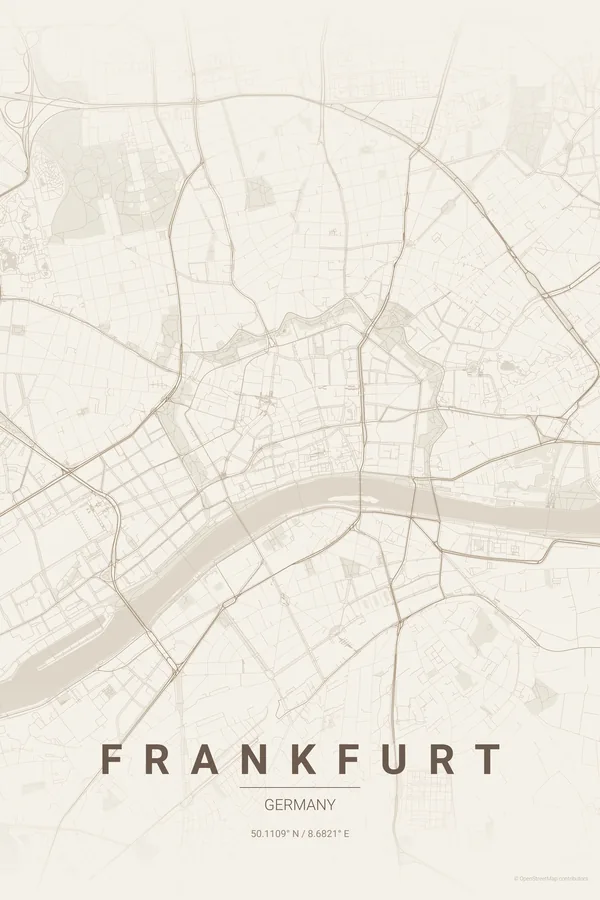 Frankfurt map poster in the Warm Beige theme