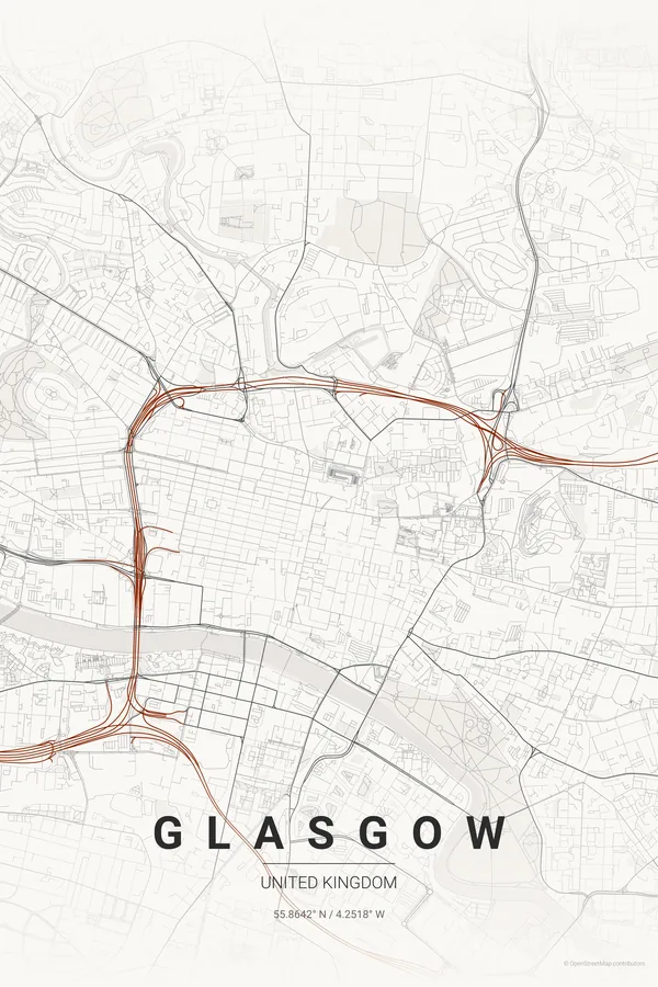 Glasgow map poster in the Japanese Ink theme