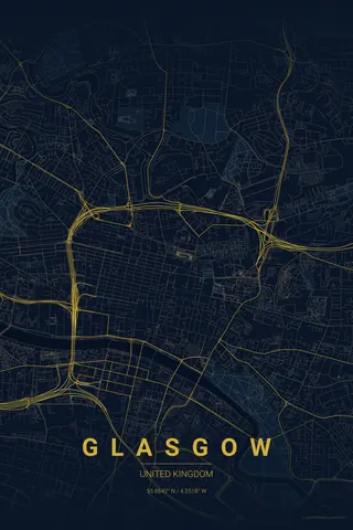 Glasgow map poster in the Midnight Blue theme