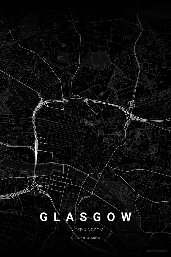 Glasgow map poster in the Noir theme