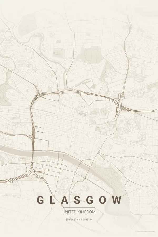 Glasgow map poster in the Warm Beige theme