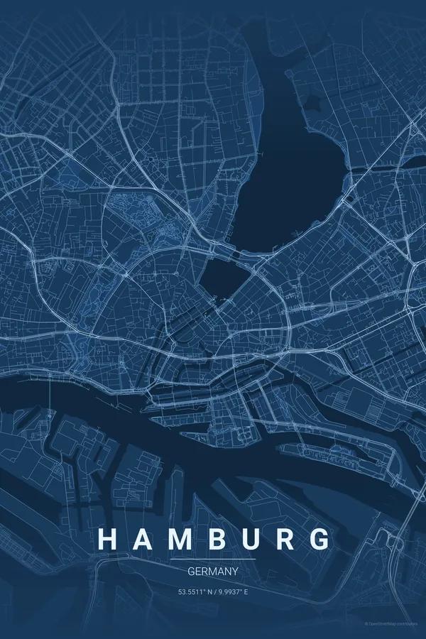 Hamburg map poster in the Blueprint theme