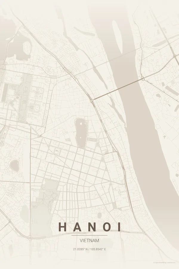 Hanoi map poster in the Warm Beige palette