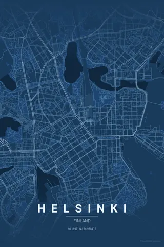 Helsinki map poster in the Blueprint theme