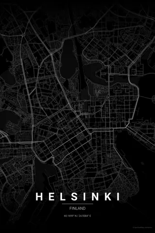 Helsinki map poster in the Noir theme