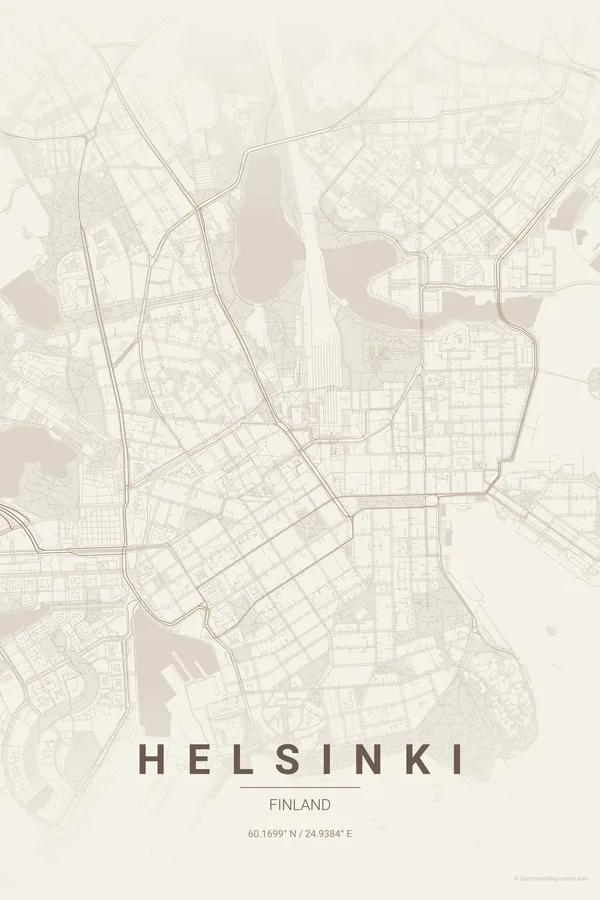 Helsinki map poster in the Warm Beige theme