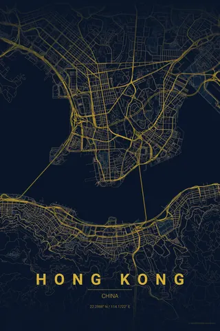 Hong Kong map poster in the Midnight Blue theme