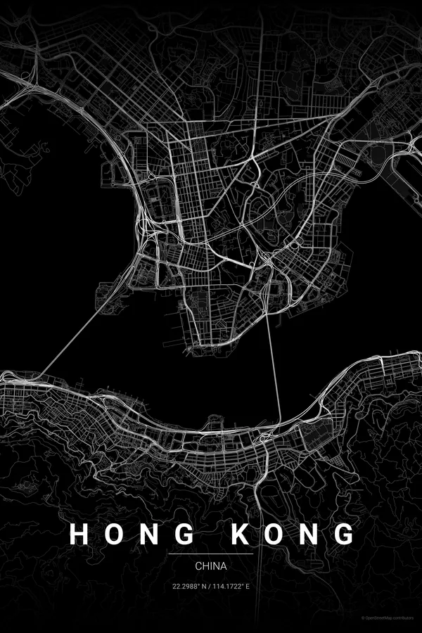 Hong Kong map poster in the Noir theme