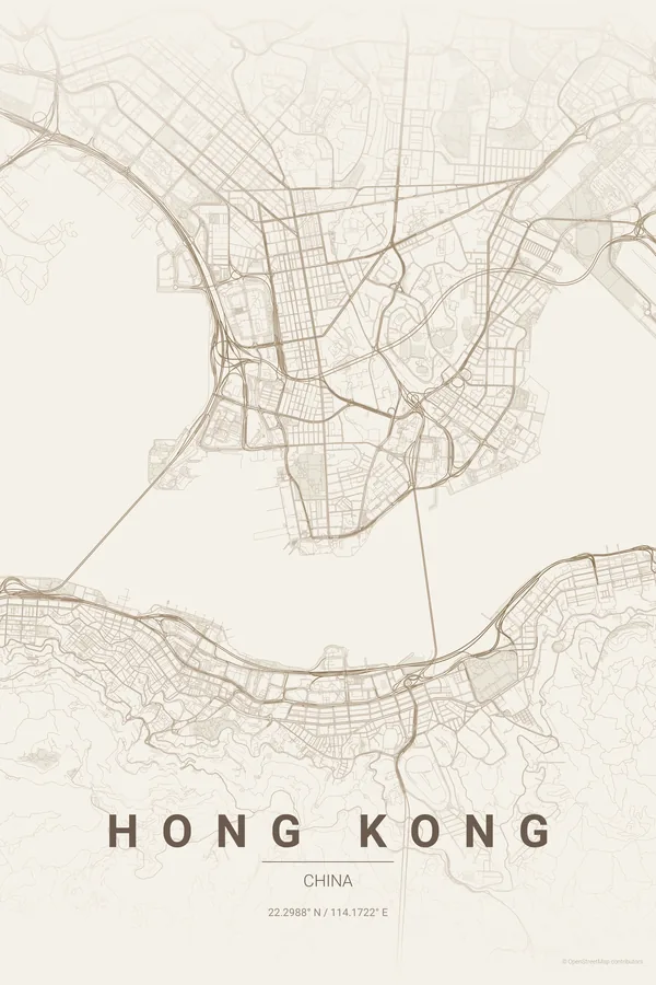 Hong Kong map poster in the Warm Beige theme