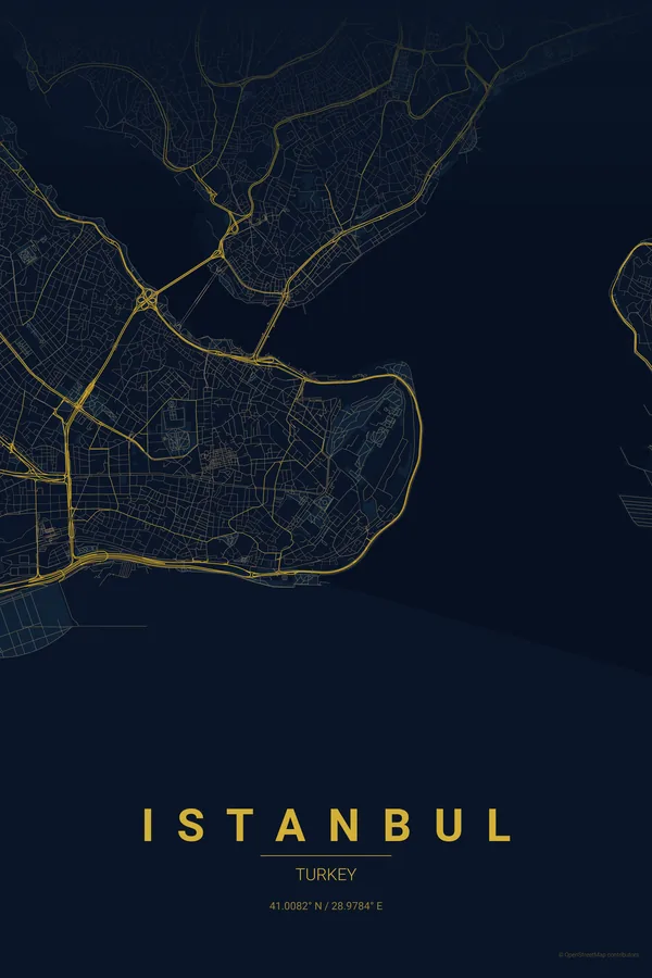 Istanbul map poster in the Midnight Blue theme