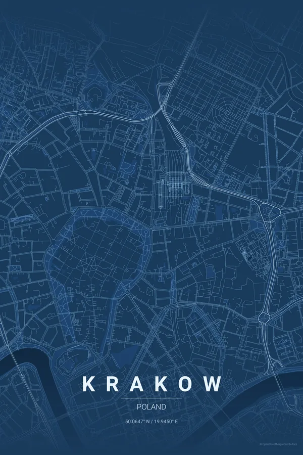 Krakow map poster in the Blueprint theme
