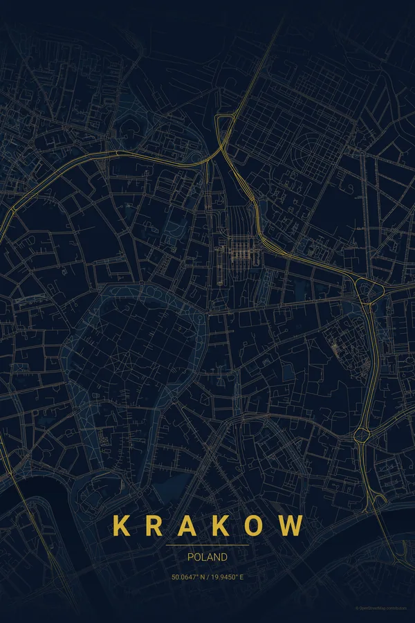 Krakow map poster in the Midnight Blue theme