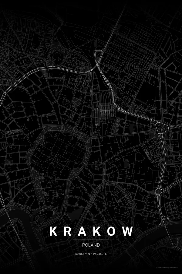 Krakow map poster in the Noir theme