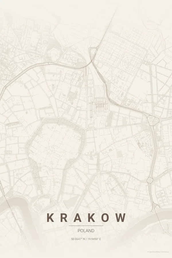 Krakow map poster in the Warm Beige theme