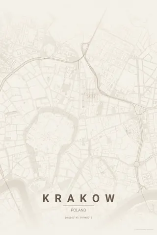 Krakow map poster in the Warm Beige theme