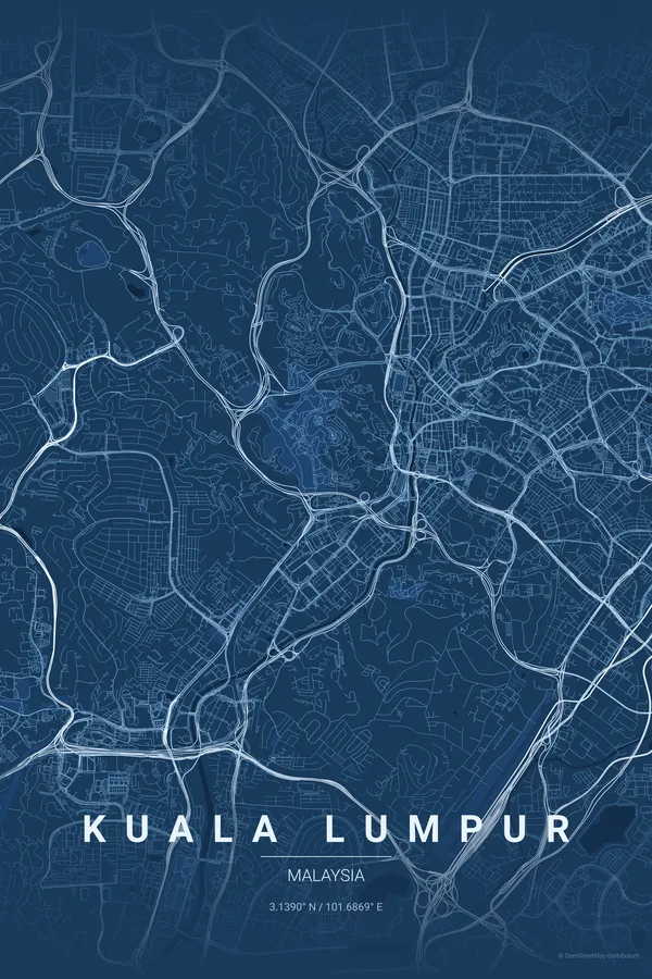 Kuala Lumpur map poster in the Blueprint theme