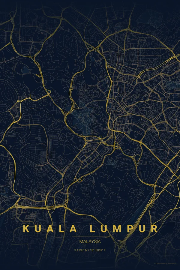 Kuala Lumpur map poster in the Midnight Blue theme