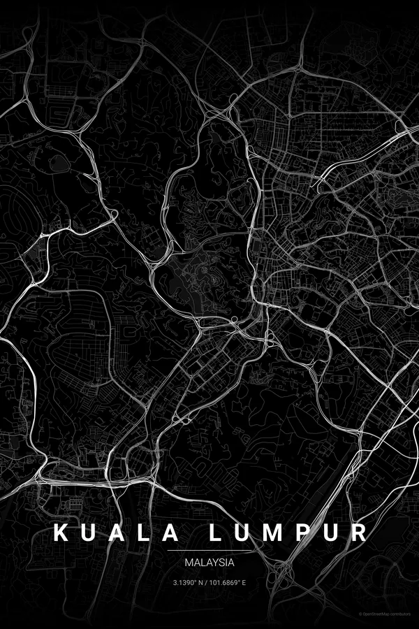 Kuala Lumpur map poster in the Noir theme