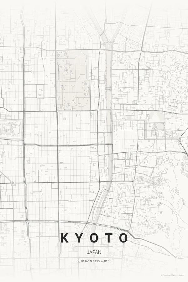 Kyoto map poster in the Japanese Ink palette