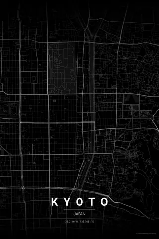 Kyoto map poster in the Noir theme