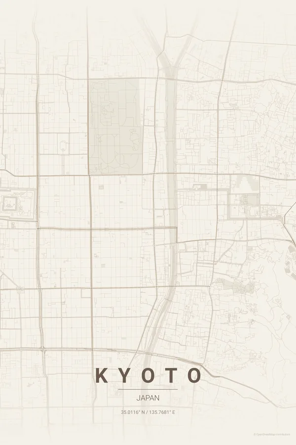 Kyoto map poster in the Warm Beige theme